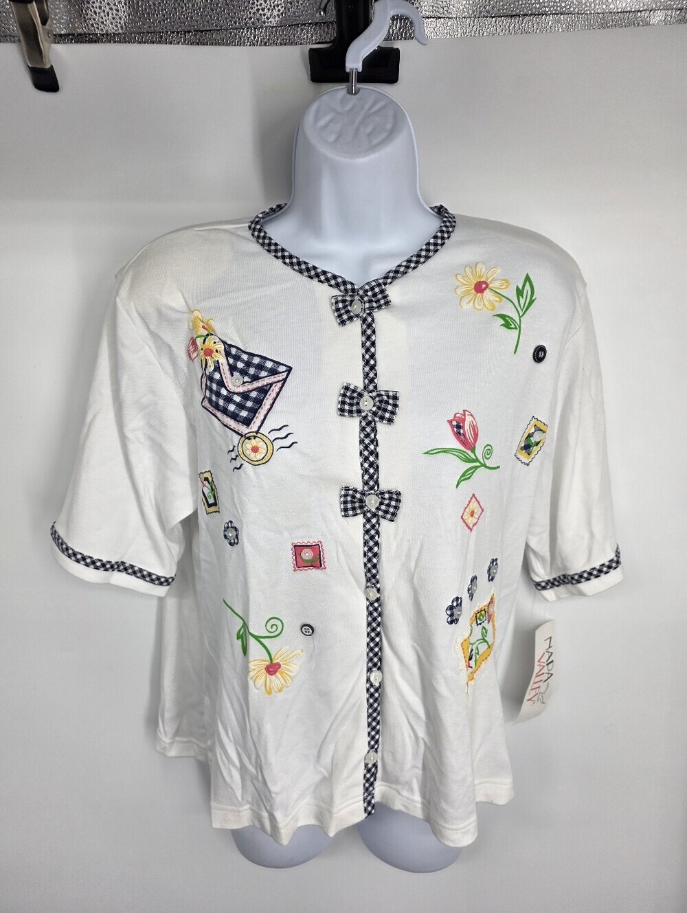 Napa Valley Cardigan Shirt Small White Embroidered Gingham Grandmacore 90s